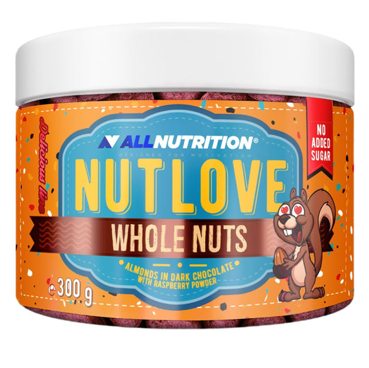 Nutlove Whole Nuts, Almonds in Dark Chocolate with Raspberry Powder - 300g